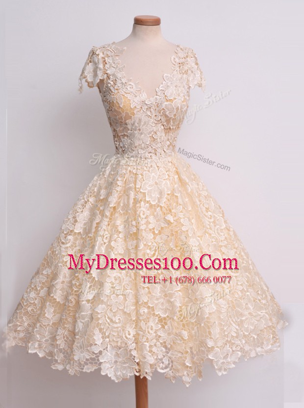 Best Selling V-neck Cap Sleeves Zipper Dress for Prom Peach Lace