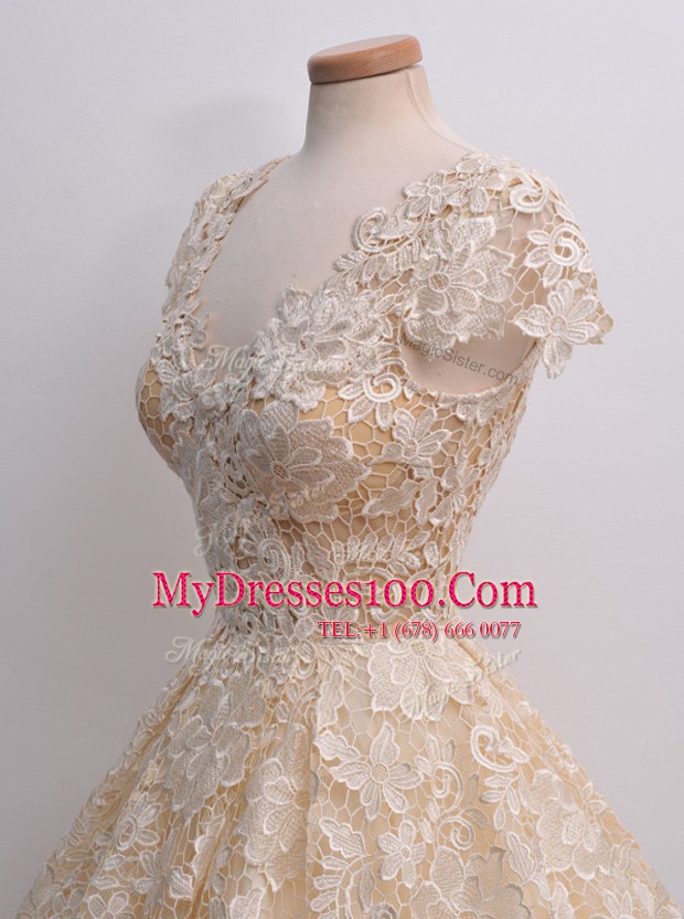 Best Selling V-neck Cap Sleeves Zipper Dress for Prom Peach Lace