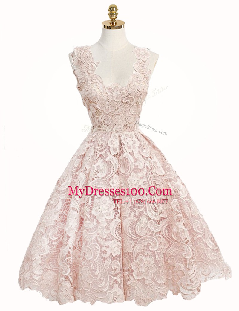 Customized Baby Pink Sleeveless Lace Zipper Prom Dress for Prom and Party