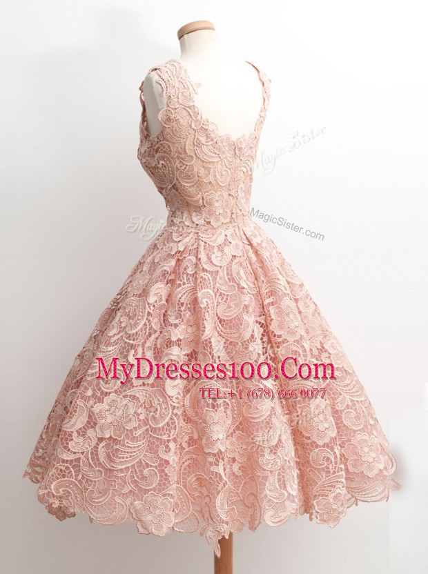 Customized Baby Pink Sleeveless Lace Zipper Prom Dress for Prom and Party