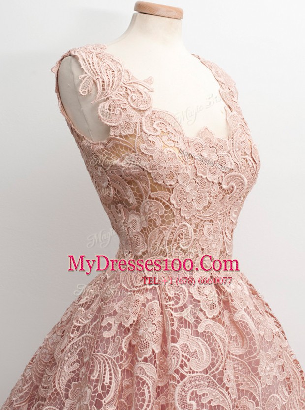 Customized Baby Pink Sleeveless Lace Zipper Prom Dress for Prom and Party