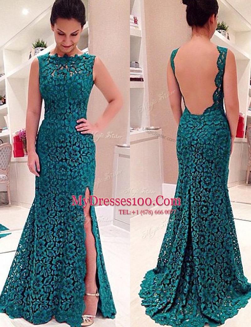 Graceful Mermaid Scalloped Sleeveless Lace Backless Prom Dresses