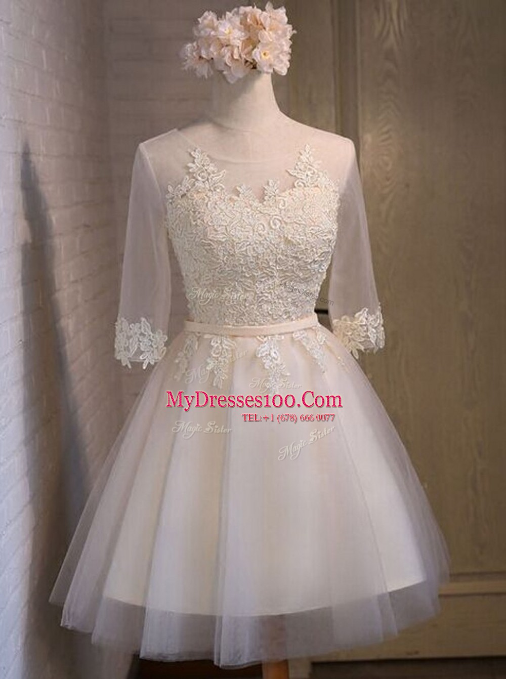 Scoop Half Sleeves Organza Mini Length Lace Up Party Dress for Girls in White with Appliques