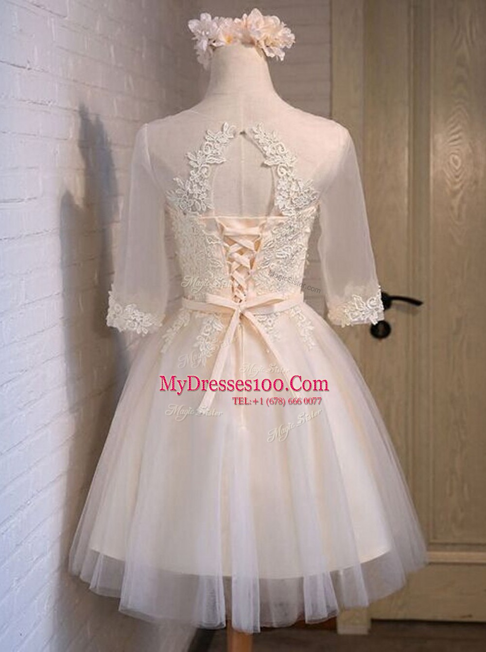 Scoop Half Sleeves Organza Mini Length Lace Up Party Dress for Girls in White with Appliques
