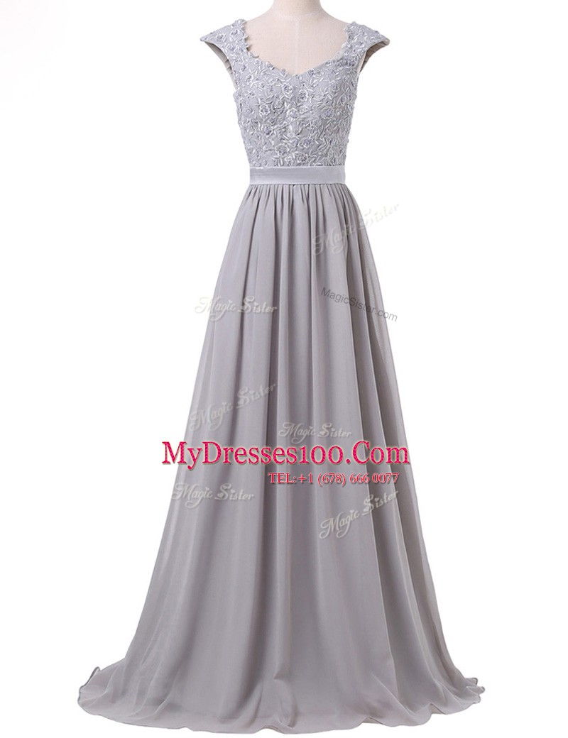 Unique Scoop Grey A-line Lace and Pleated Prom Gown Lace Up Chiffon Cap Sleeves Floor Length