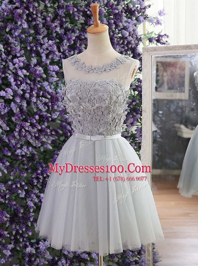 Custom Designed Grey Tulle Lace Up Scoop Sleeveless Mini Length Club Wear Appliques
