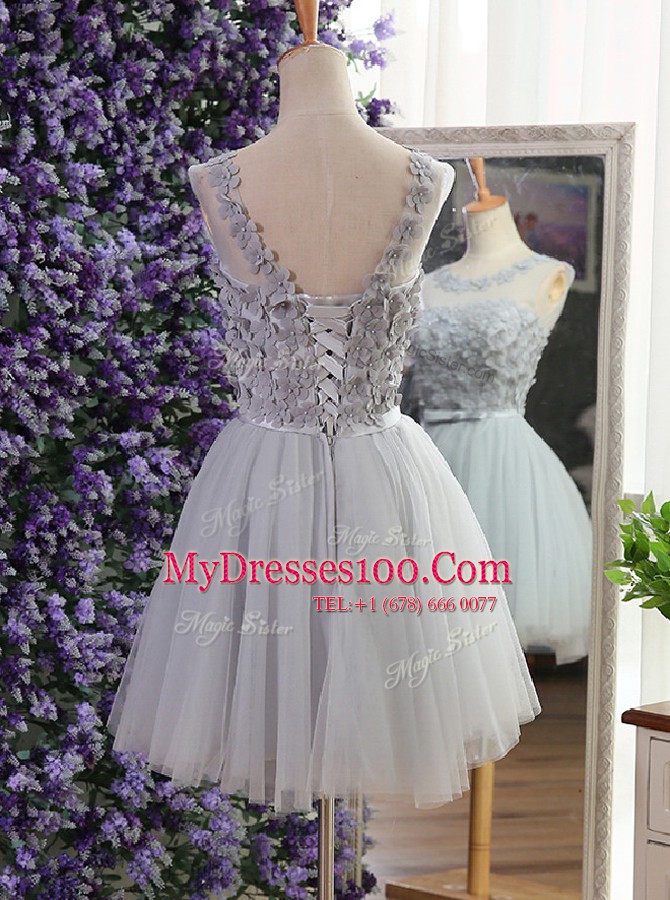 Custom Designed Grey Tulle Lace Up Scoop Sleeveless Mini Length Club Wear Appliques