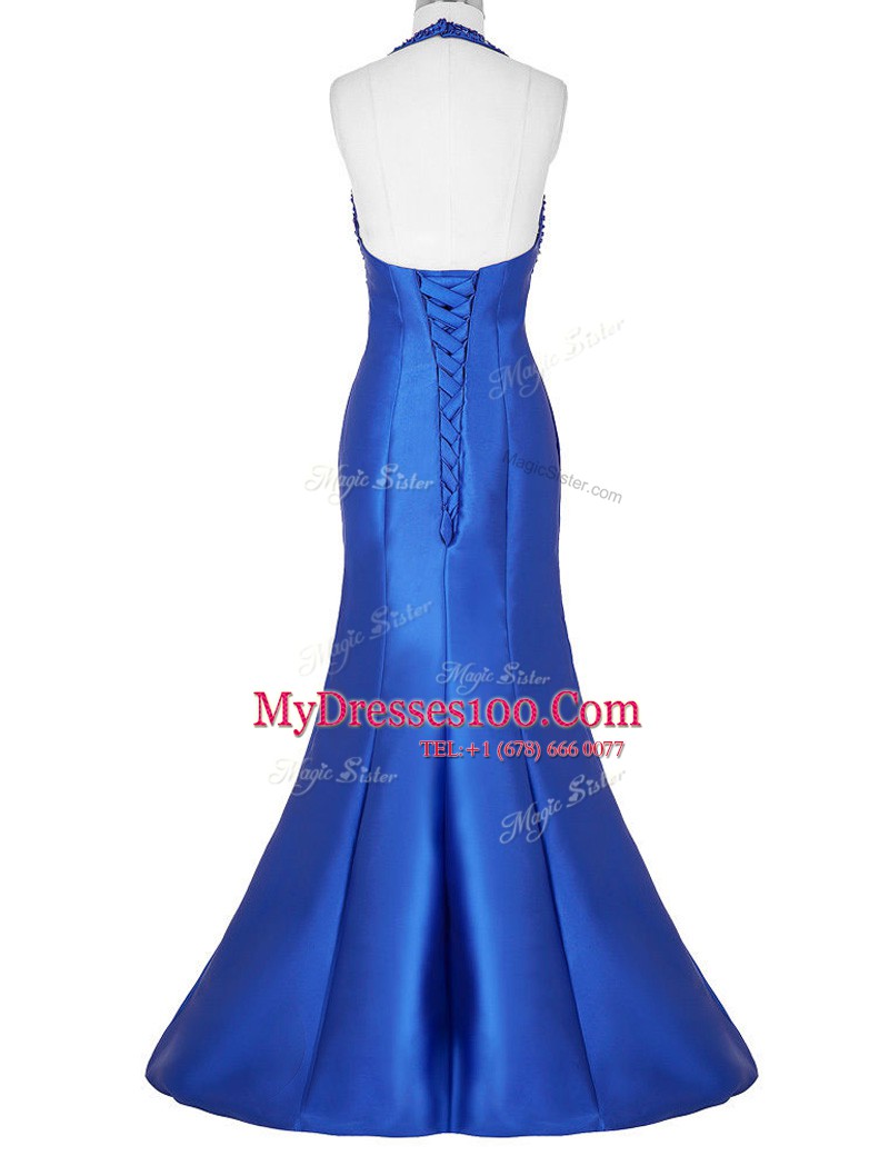 Mermaid Royal Blue Halter Top Neckline Beading Prom Evening Gown Sleeveless Lace Up