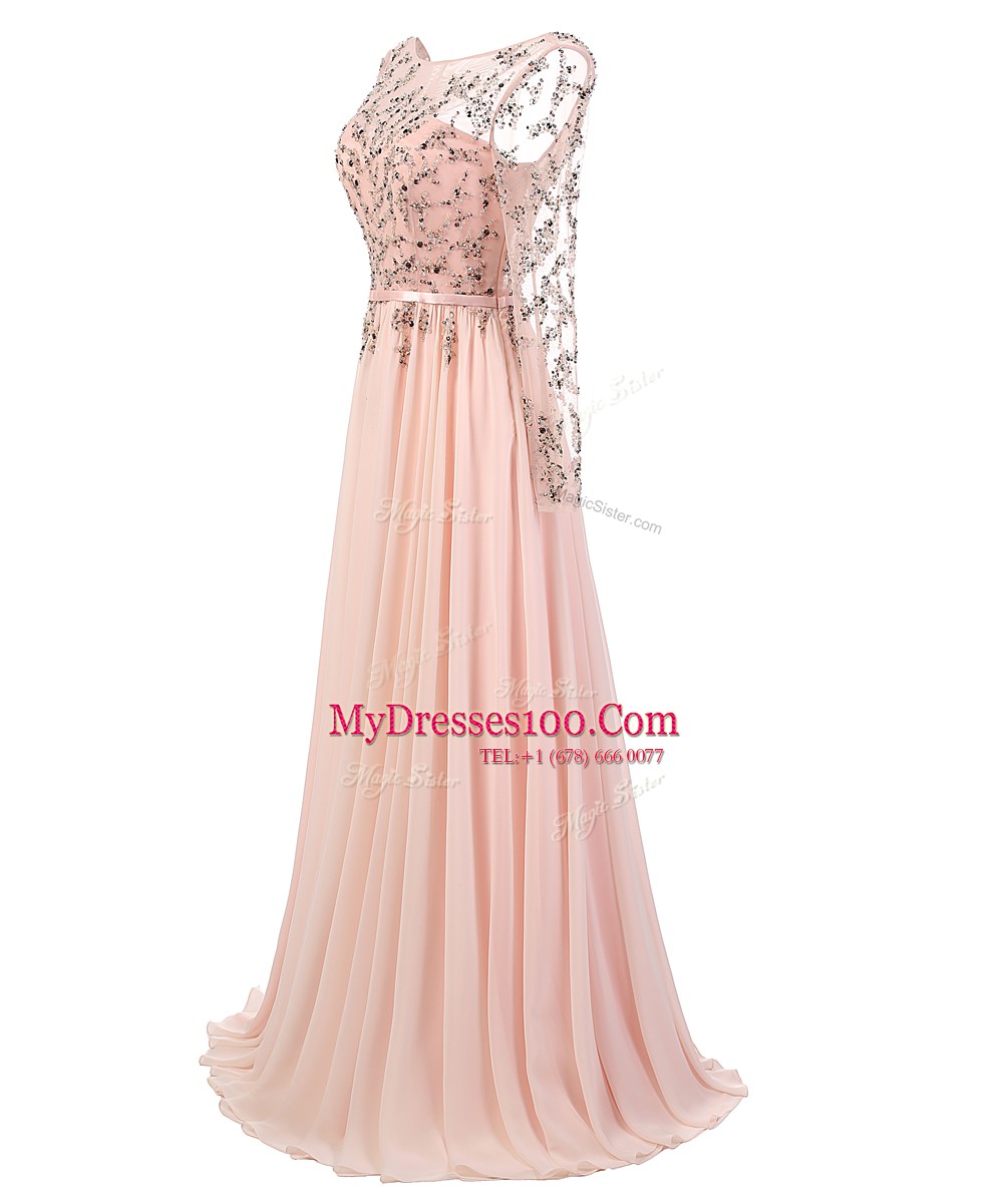 Scoop Peach A-line Beading Prom Dresses Backless Chiffon Long Sleeves With Train