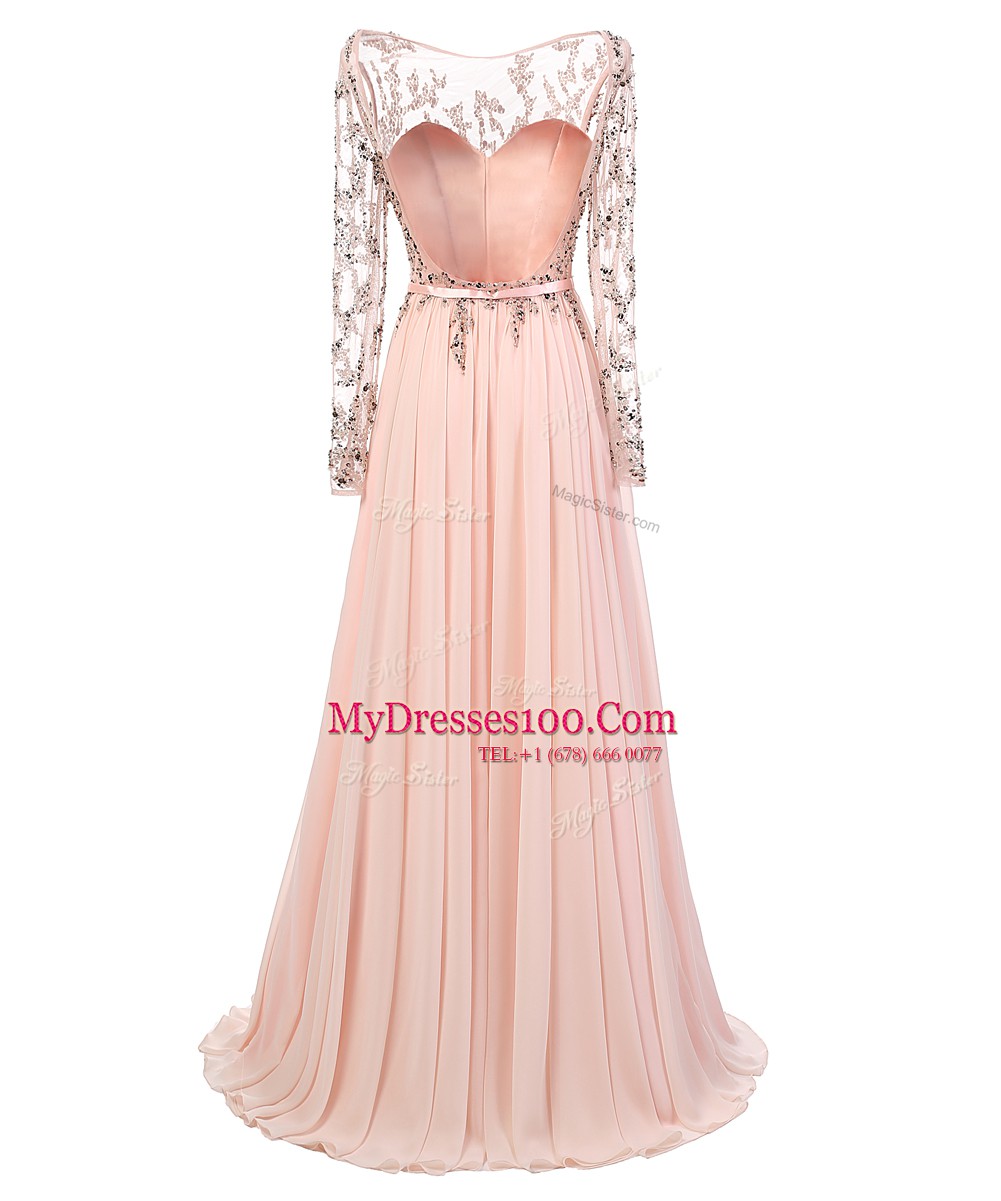Scoop Peach A-line Beading Prom Dresses Backless Chiffon Long Sleeves With Train