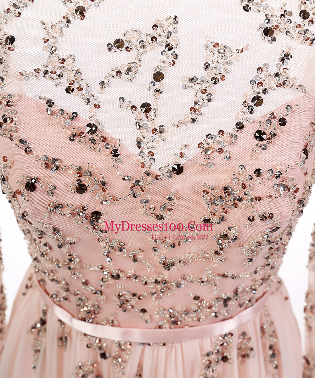 Scoop Peach A-line Beading Prom Dresses Backless Chiffon Long Sleeves With Train