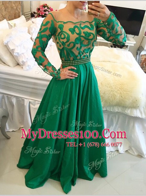 Fine Green Evening Dress Prom and For with Beading and Appliques Scoop Long Sleeves Side Zipper