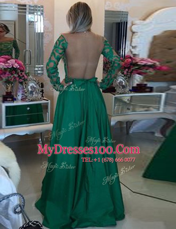 Fine Green Evening Dress Prom and For with Beading and Appliques Scoop Long Sleeves Side Zipper