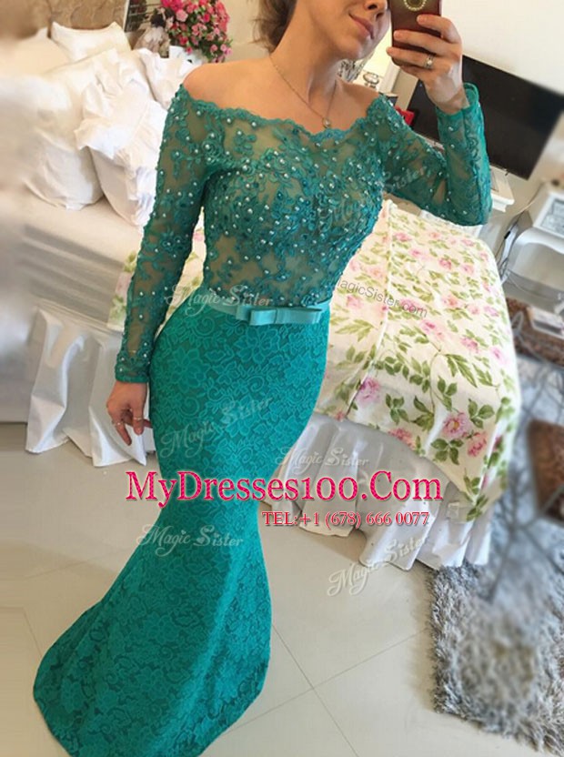 Hot Selling Mermaid Long Sleeves Lace Floor Length Backless Homecoming Dress Green for Prom and Party with Beading