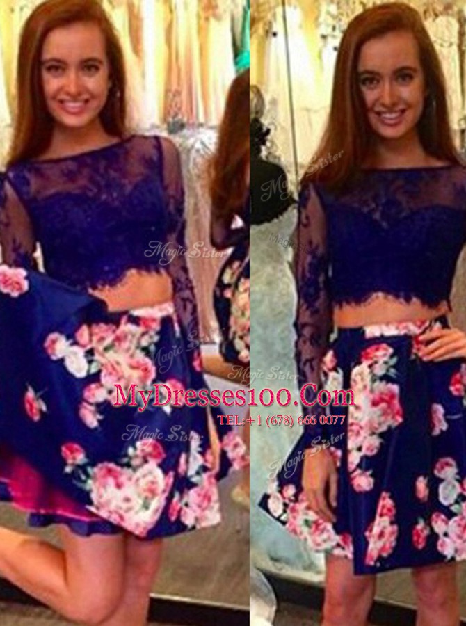 Shining Bateau Long Sleeves Prom Party Dress Mini Length Lace Multi-color Satin