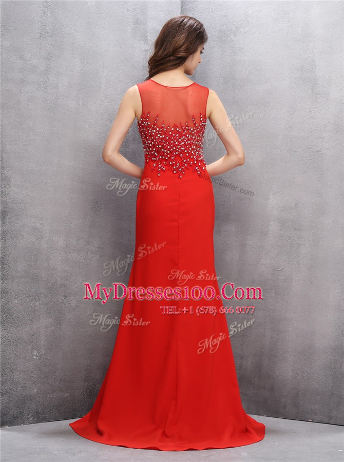 Glittering Mermaid Scoop Red Sleeveless Brush Train Beading and Sequins With Train Evening Gowns