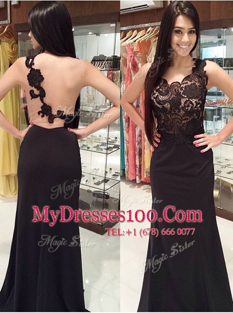 Mermaid Scoop Sleeveless Chiffon Brush Train Zipper Prom Party Dress in Black with Lace
