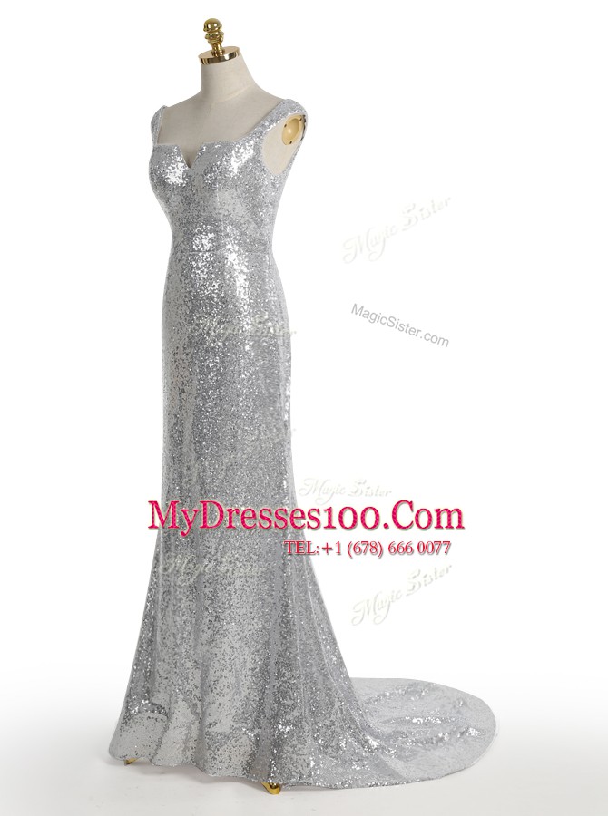 Vintage Mermaid Square Sleeveless Sweep Train Zipper With Train Sequins Prom Dresses