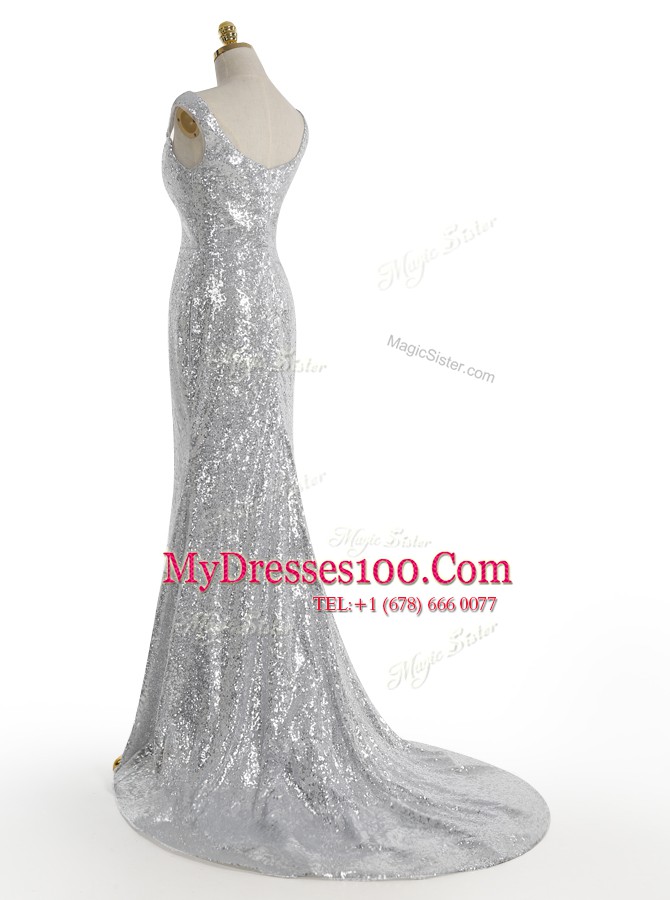 Vintage Mermaid Square Sleeveless Sweep Train Zipper With Train Sequins Prom Dresses