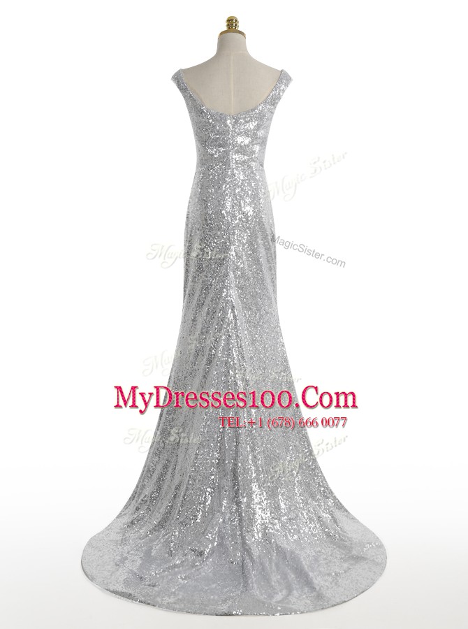 Vintage Mermaid Square Sleeveless Sweep Train Zipper With Train Sequins Prom Dresses