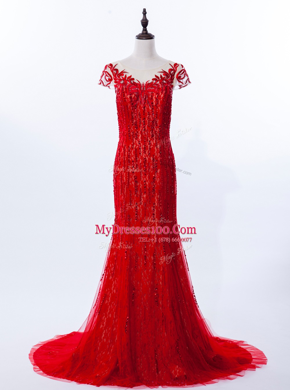 Red Mermaid Lace Scoop Cap Sleeves Beading and Appliques Zipper Prom Dresses Brush Train