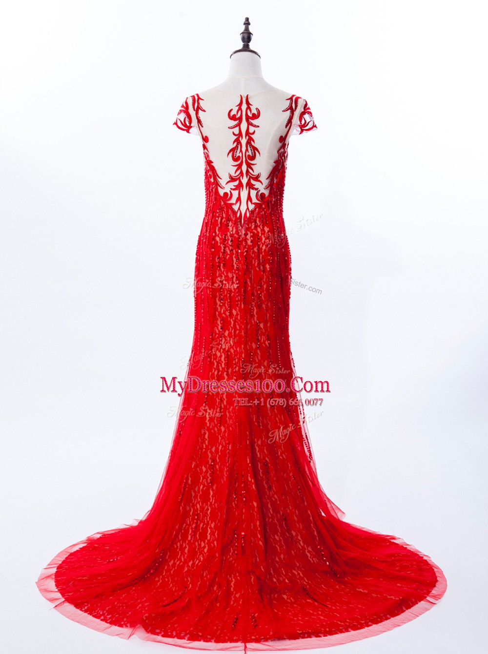 Red Mermaid Lace Scoop Cap Sleeves Beading and Appliques Zipper Prom Dresses Brush Train