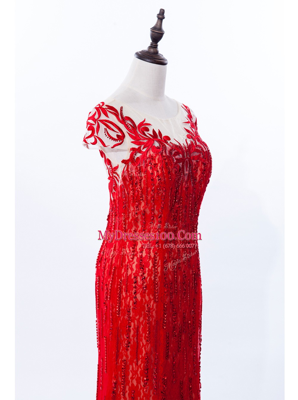 Red Mermaid Lace Scoop Cap Sleeves Beading and Appliques Zipper Prom Dresses Brush Train