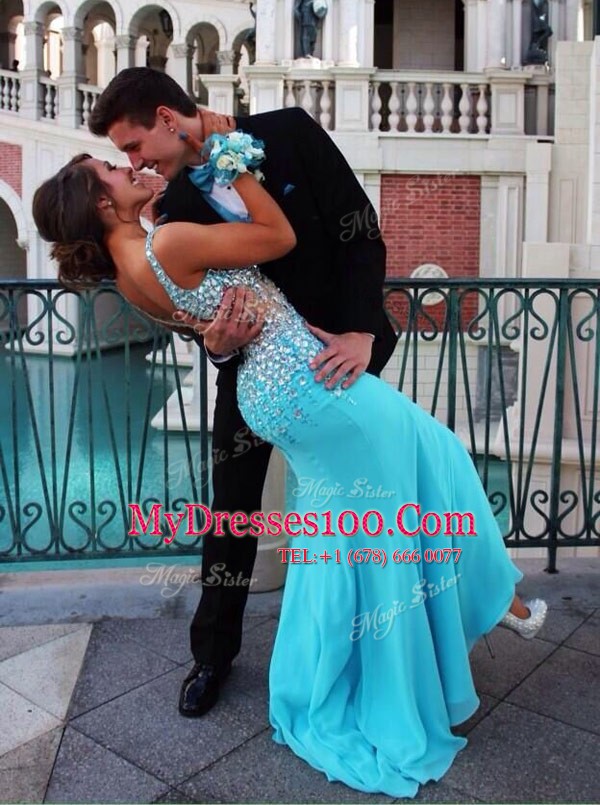 Mermaid Blue Chiffon Zipper Prom Dresses Sleeveless Court Train Beading