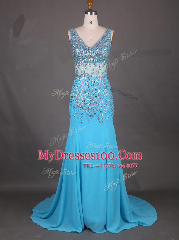Mermaid Blue Chiffon Zipper Prom Dresses Sleeveless Court Train Beading