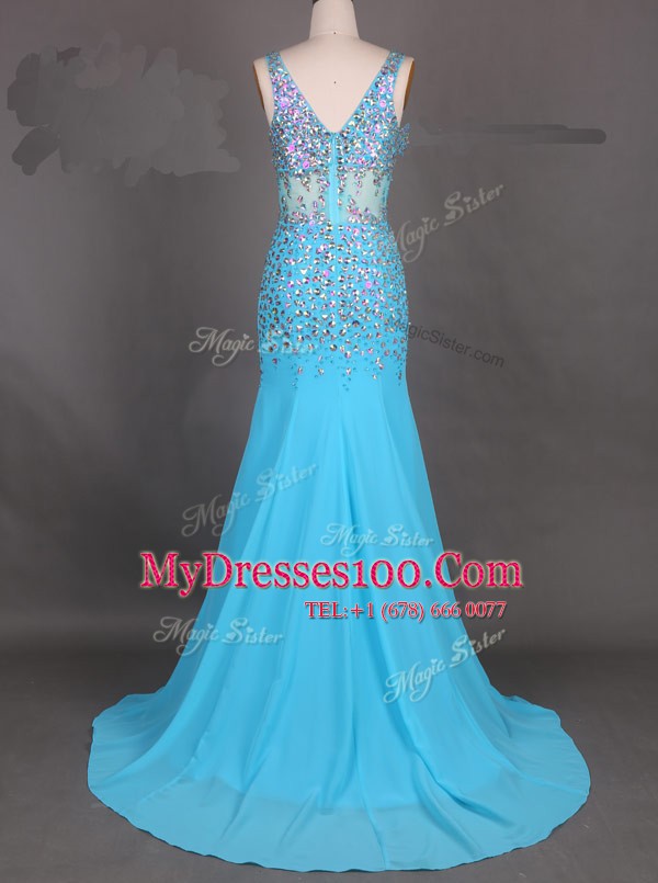 Mermaid Blue Chiffon Zipper Prom Dresses Sleeveless Court Train Beading