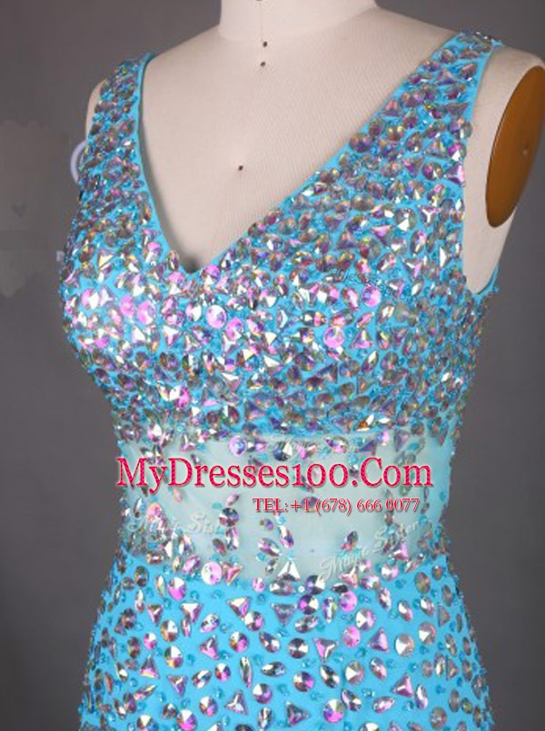 Mermaid Blue Chiffon Zipper Prom Dresses Sleeveless Court Train Beading