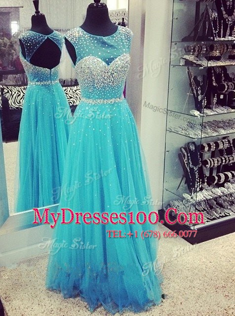 Mermaid Aqua Blue Sleeveless Chiffon Sweep Train Zipper Prom Dress for Prom and Party