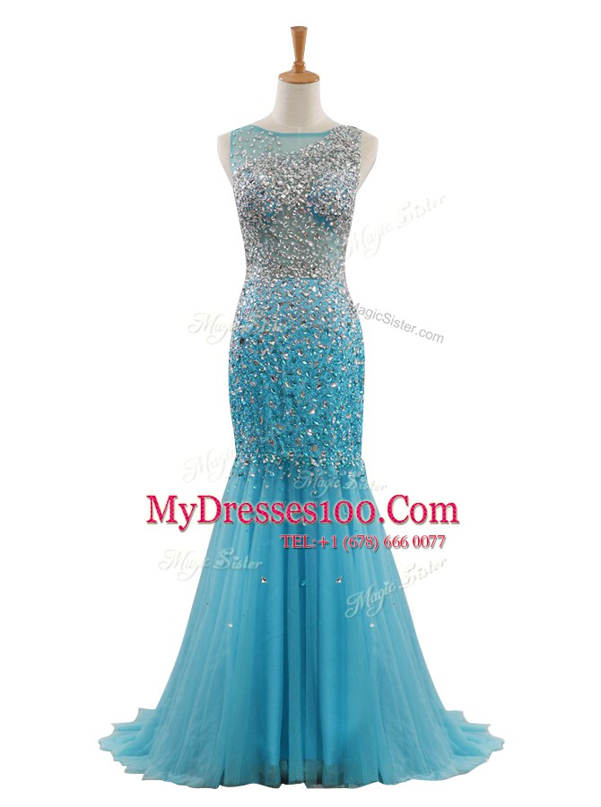 Mermaid Beading Prom Party Dress Blue Zipper Sleeveless With Train Sweep Train