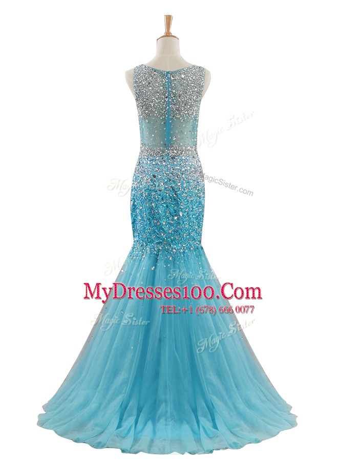 Mermaid Beading Prom Party Dress Blue Zipper Sleeveless With Train Sweep Train