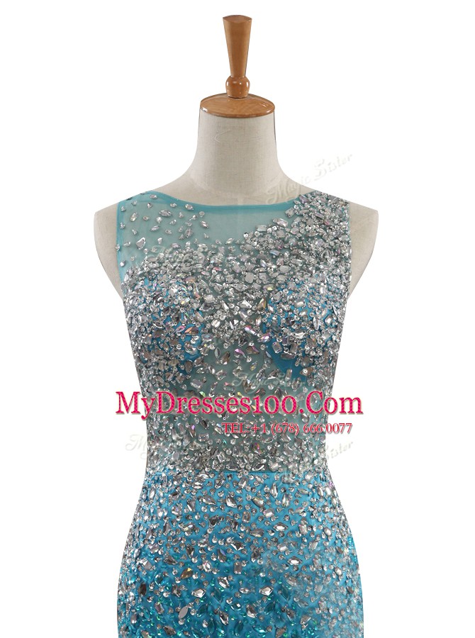 Mermaid Beading Prom Party Dress Blue Zipper Sleeveless With Train Sweep Train
