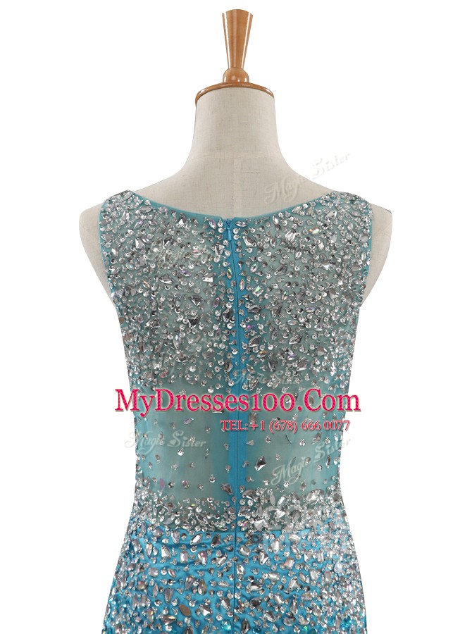 Mermaid Beading Prom Party Dress Blue Zipper Sleeveless With Train Sweep Train