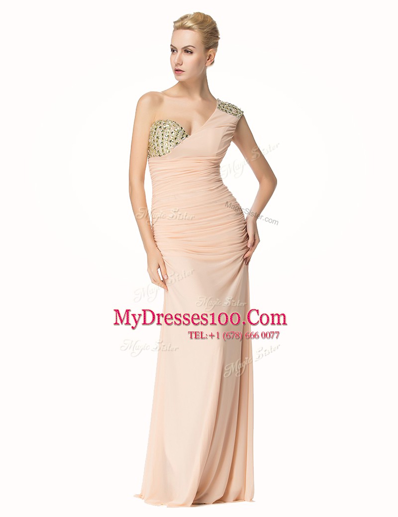 Stylish One Shoulder Peach Mermaid Beading and Ruching Zipper Chiffon Sleeveless Floor Length