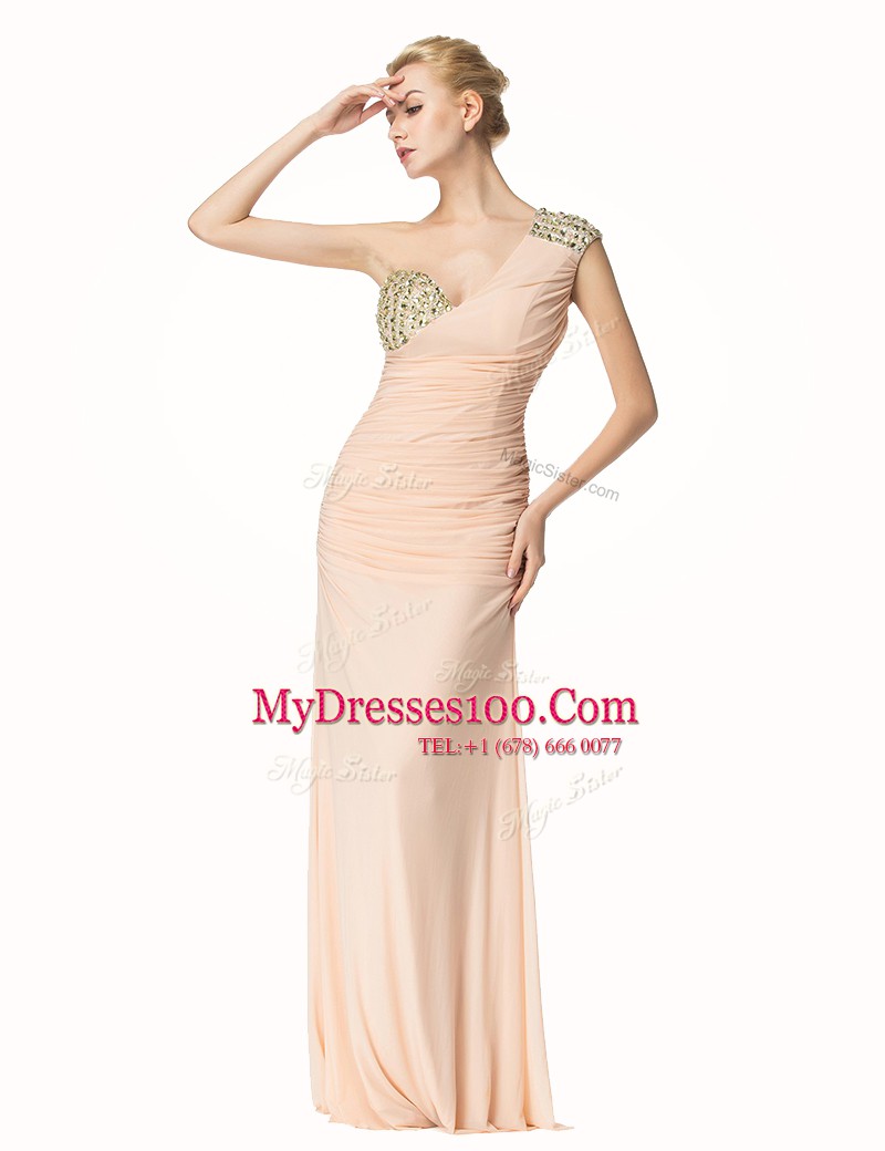 Stylish One Shoulder Peach Mermaid Beading and Ruching Zipper Chiffon Sleeveless Floor Length