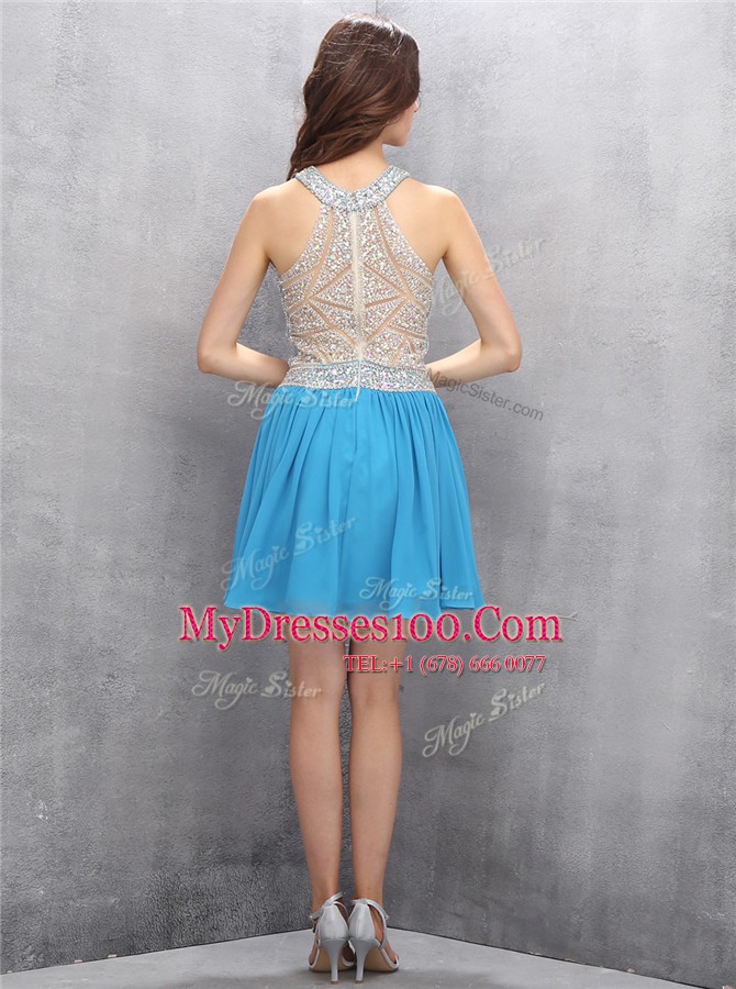 Custom Designed Halter Top Baby Blue Zipper Club Wear Beading and Bowknot Sleeveless Mini Length