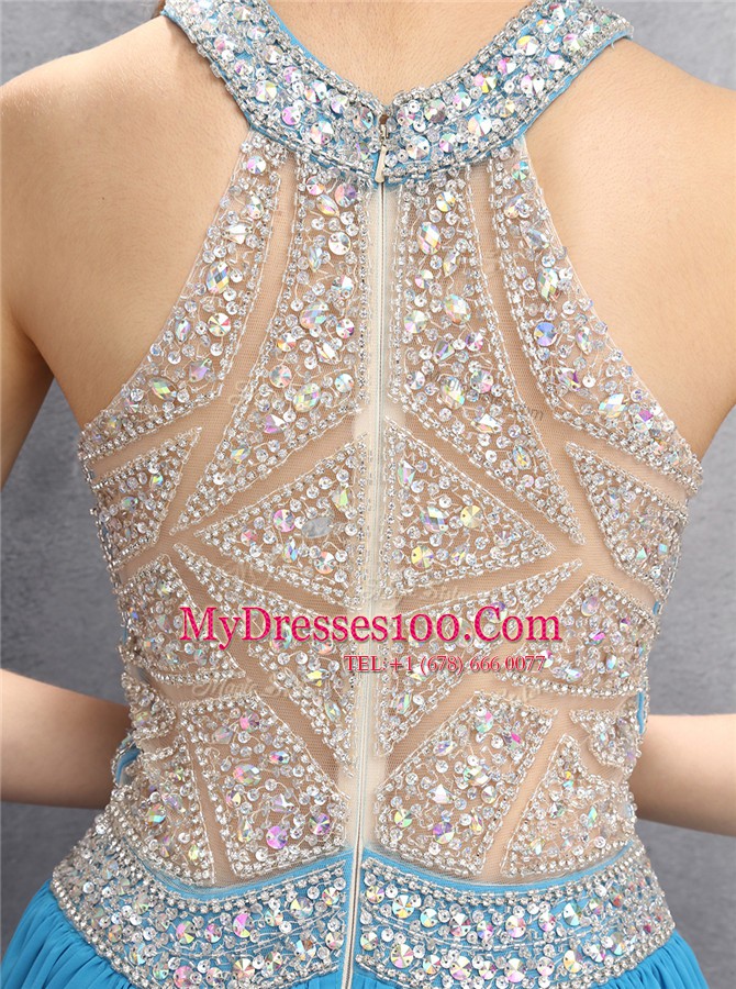 Custom Designed Halter Top Baby Blue Zipper Club Wear Beading and Bowknot Sleeveless Mini Length