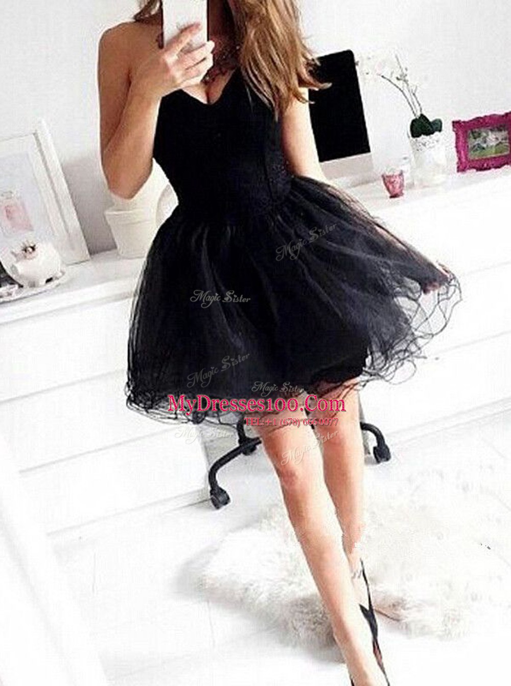 Mini Length Black Cocktail Dress Organza Sleeveless Ruffles