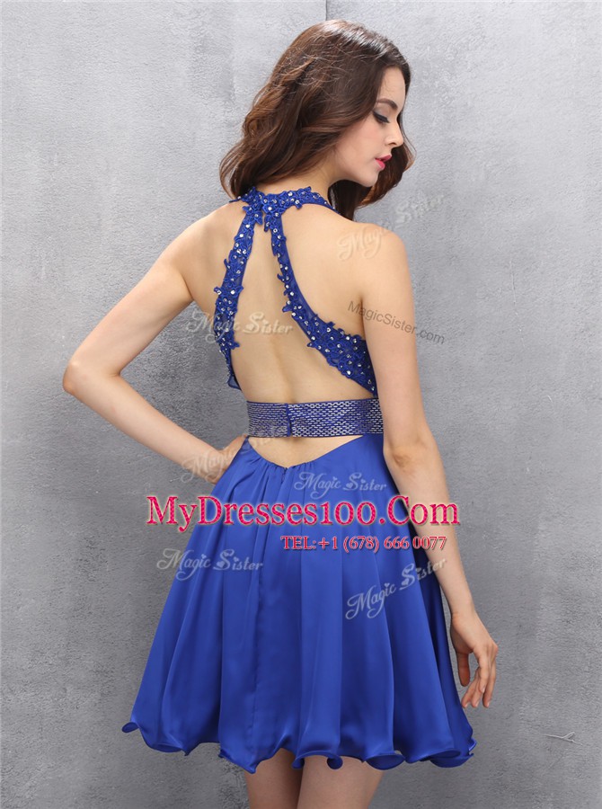 Royal Blue Sleeveless Mini Length Beading and Belt Backless Evening Dress