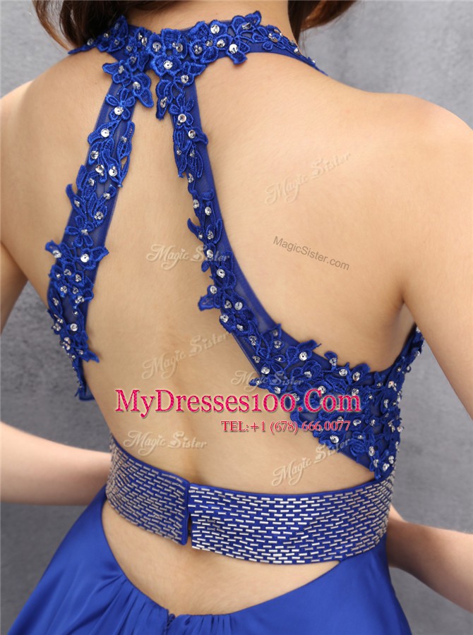 Royal Blue Sleeveless Mini Length Beading and Belt Backless Evening Dress