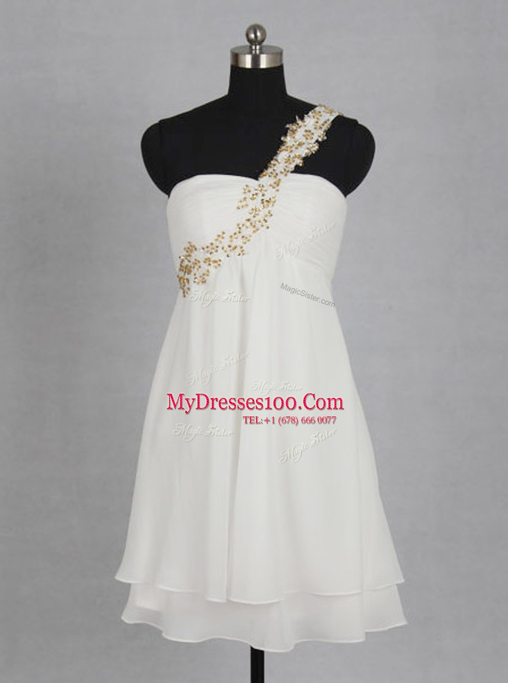 One Shoulder White Sleeveless Appliques and Ruching Mini Length Prom Evening Gown