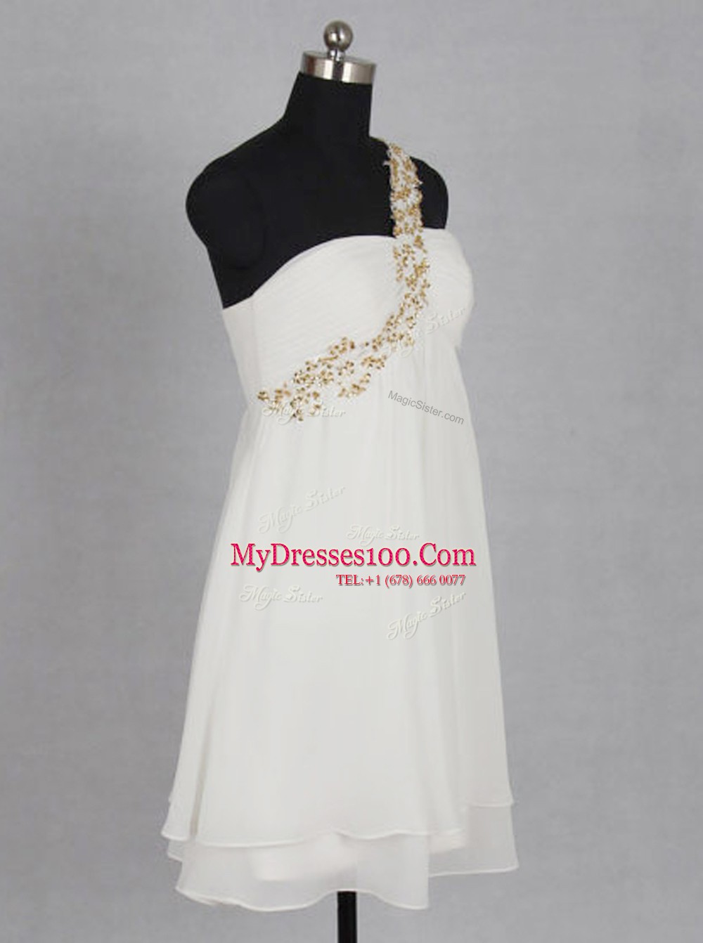 One Shoulder White Sleeveless Appliques and Ruching Mini Length Prom Evening Gown