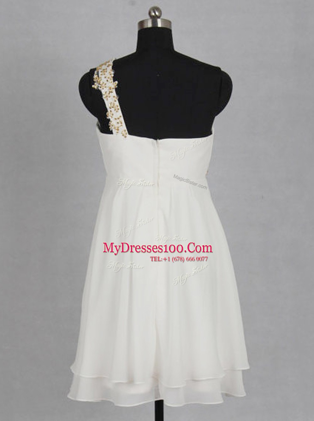 One Shoulder White Sleeveless Appliques and Ruching Mini Length Prom Evening Gown
