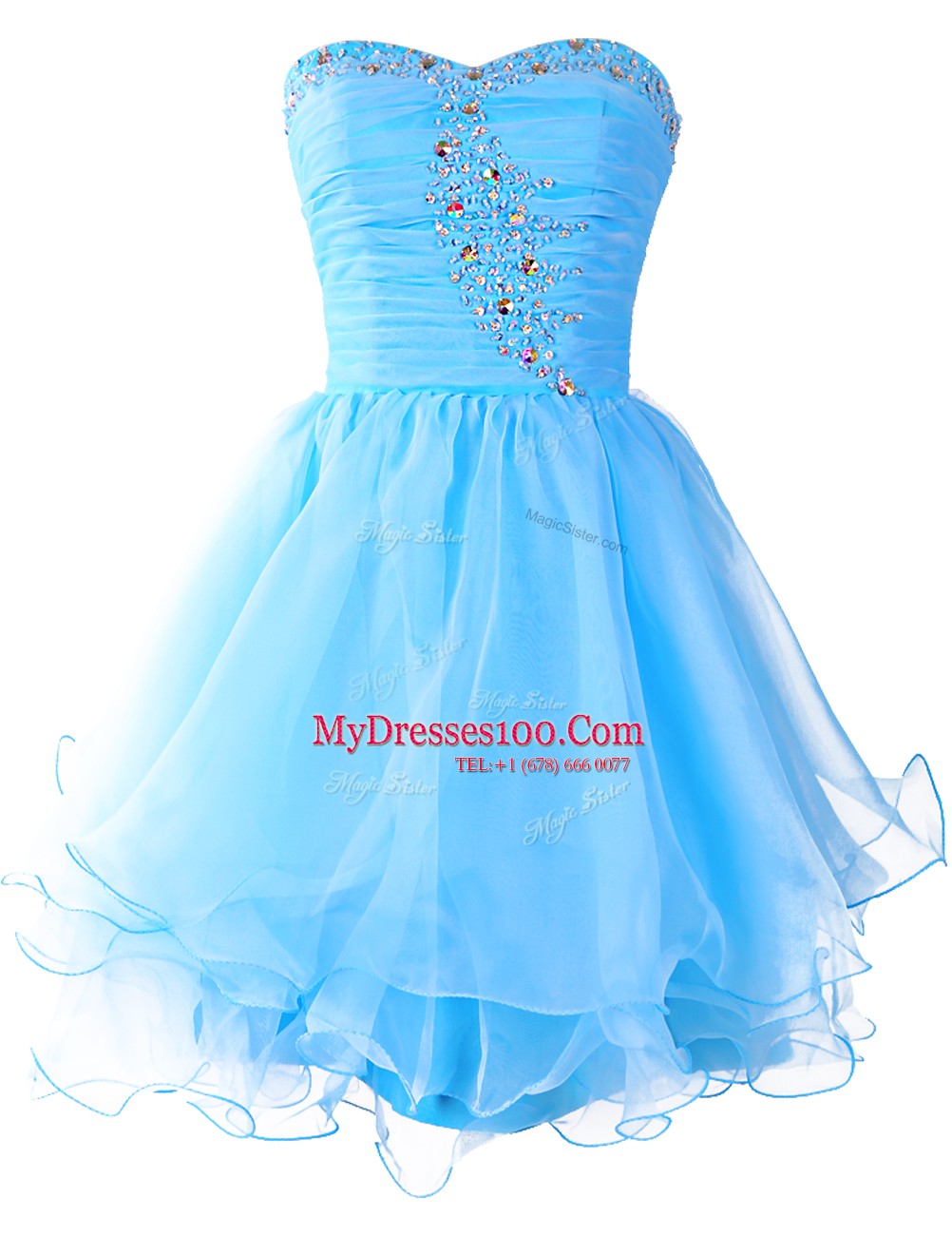 Sleeveless Organza Mini Length Lace Up Prom Dress in Baby Blue with Beading