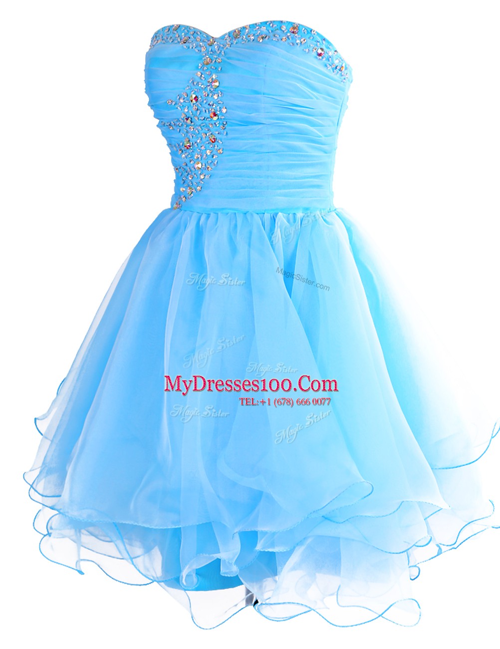 Sleeveless Organza Mini Length Lace Up Prom Dress in Baby Blue with Beading