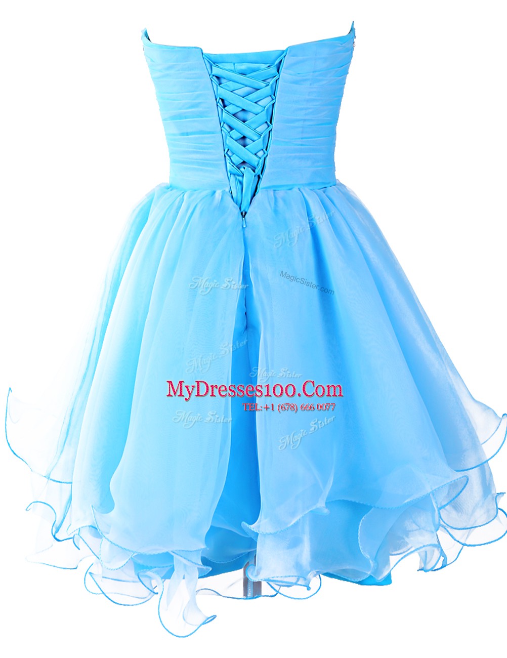 Sleeveless Organza Mini Length Lace Up Prom Dress in Baby Blue with Beading