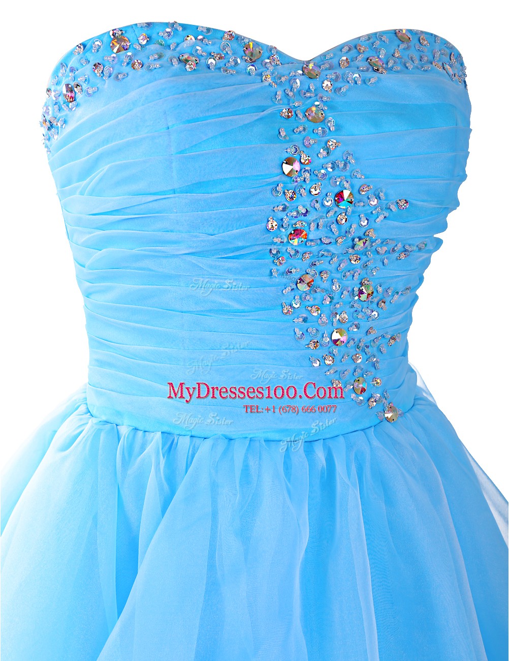Sleeveless Organza Mini Length Lace Up Prom Dress in Baby Blue with Beading